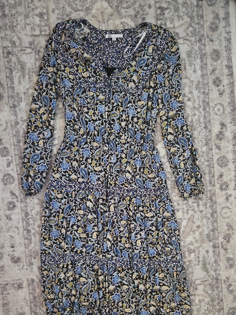 DR2 Blue Paisley Long-Sleeve Tiered Dress